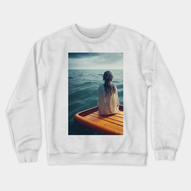 Beautiful woman alone at raft Crewneck Sweatshirt by DyeruArt